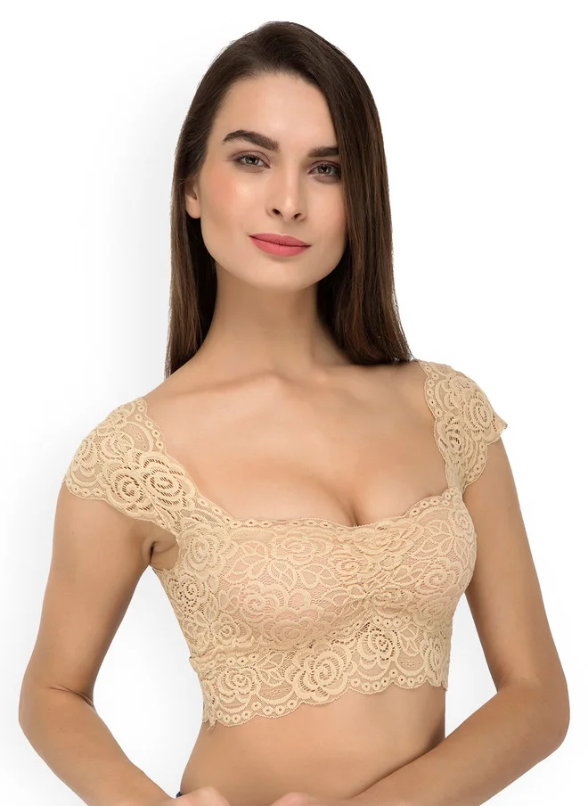 ليس اند مي  Laceandme Beige Self Design Non-Wired Lightly Padded Bralette Bra - 4245